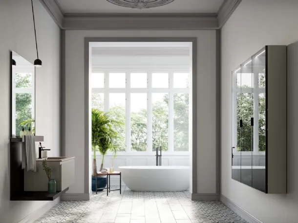 Suspended bathroom cabinet Lapis 06 in matte grey Aston and black lacquered by Birex.