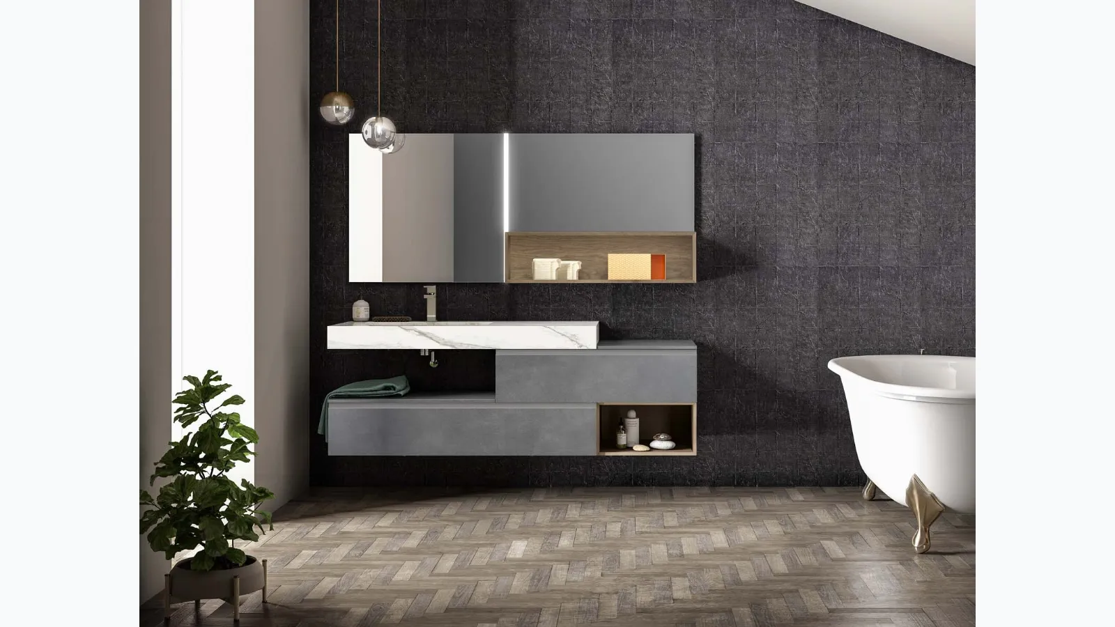 Suspended bathroom cabinet in lead metallic lacquer Lapis 05 by Birex.