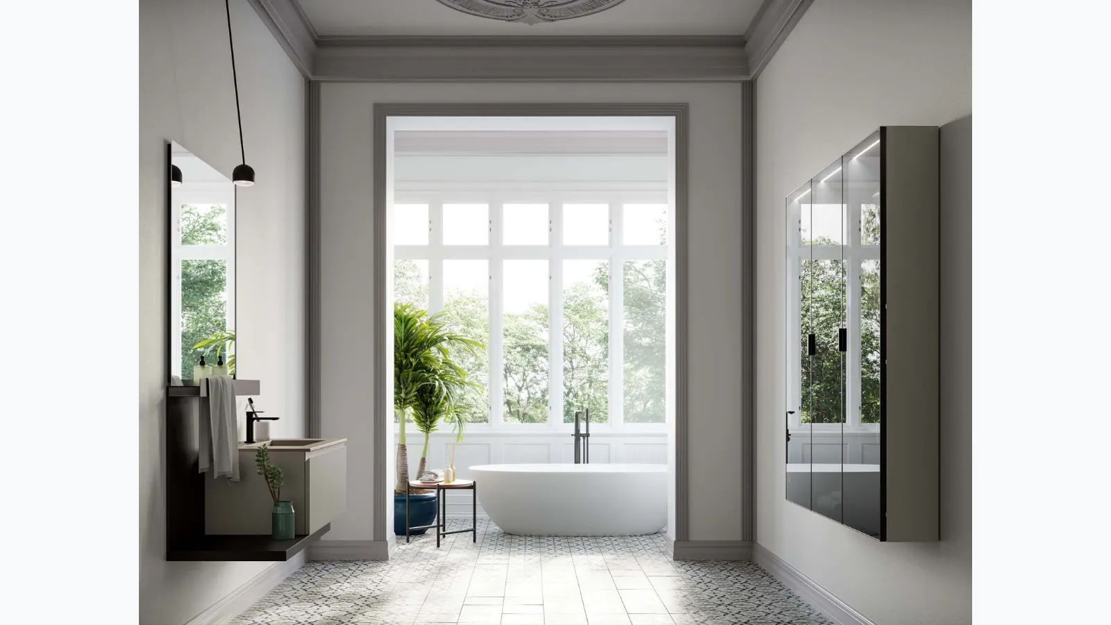 Suspended bathroom cabinet Lapis 06 in matte grey Aston and black lacquered by Birex.