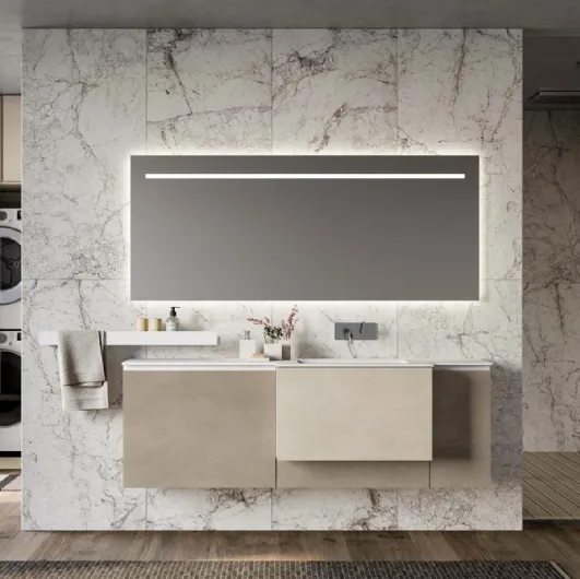 Suspended bathroom cabinet in mother-of-pearl and Lapis 07 clay by Birex.