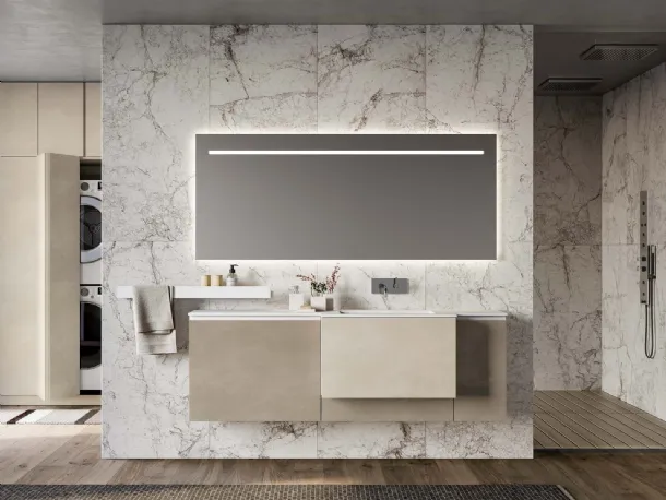 Suspended bathroom cabinet in mother-of-pearl and Lapis 07 clay by Birex.