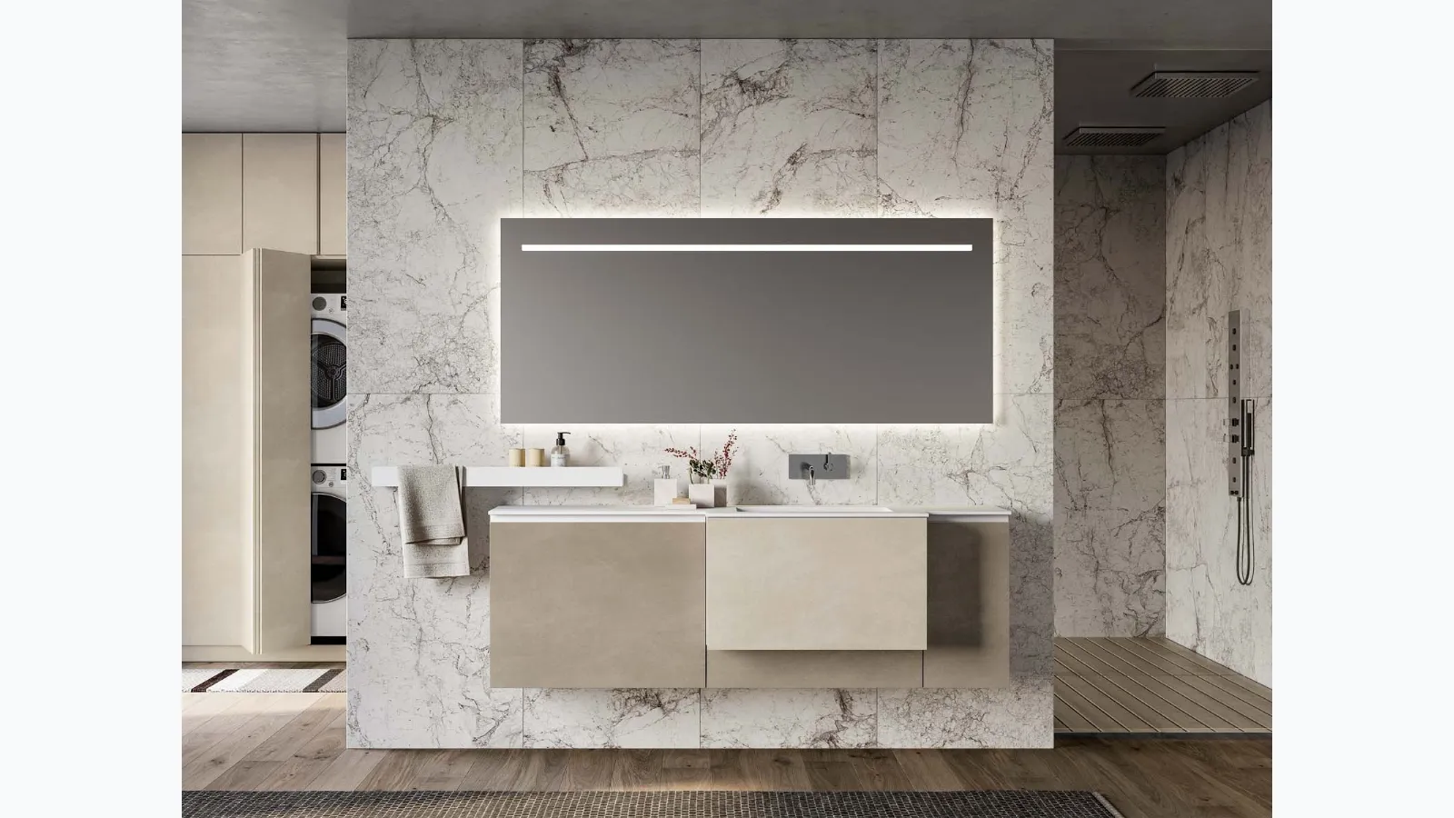 Suspended bathroom cabinet in mother-of-pearl and Lapis 07 clay by Birex.