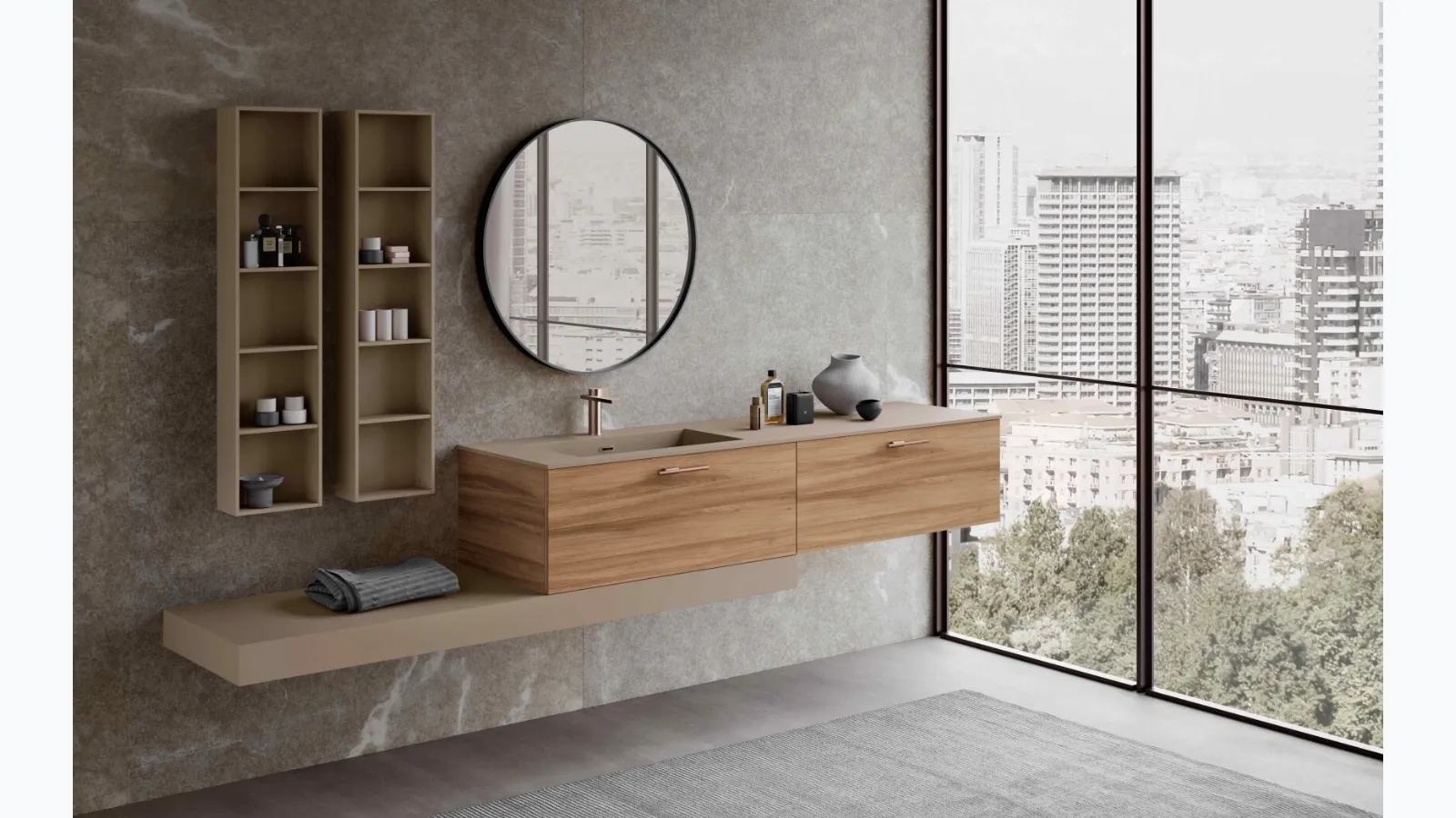 Wall-hung bathroom vanity Lime 0 Club 035 in HPL Unicolor Walnut by Azzurra Symphony.