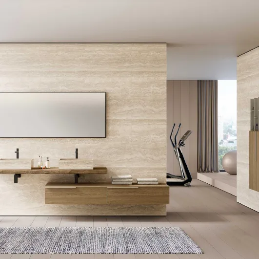 Lime 1-0 Lime Bathroom Vanity in Sand Oak with Travertine Gres sink by Azzurra.