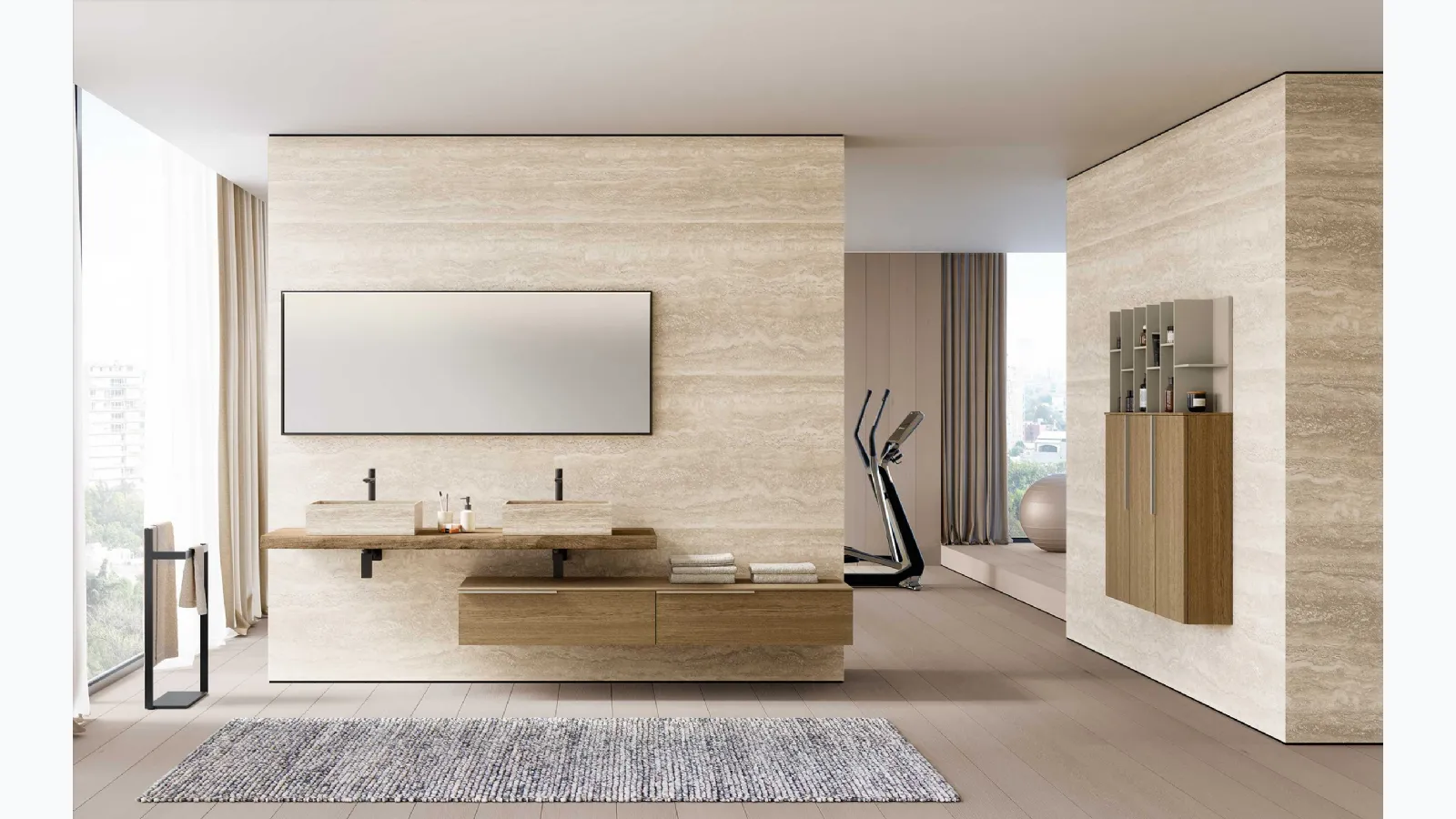 Lime 1-0 Lime Bathroom Vanity in Sand Oak with Travertine Gres sink by Azzurra.