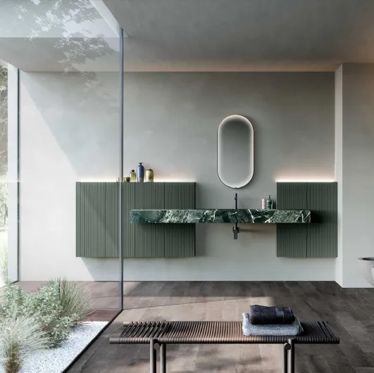 Bathroom cabinet Lime 2-0 224 in lacquered Commodoro Green and Aosta Green Marble Gres by Azzurra.