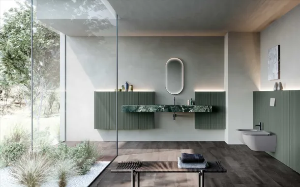 Bathroom cabinet Lime 2-0 224 in lacquered Commodoro Green and Aosta Green Marble Gres by Azzurra.