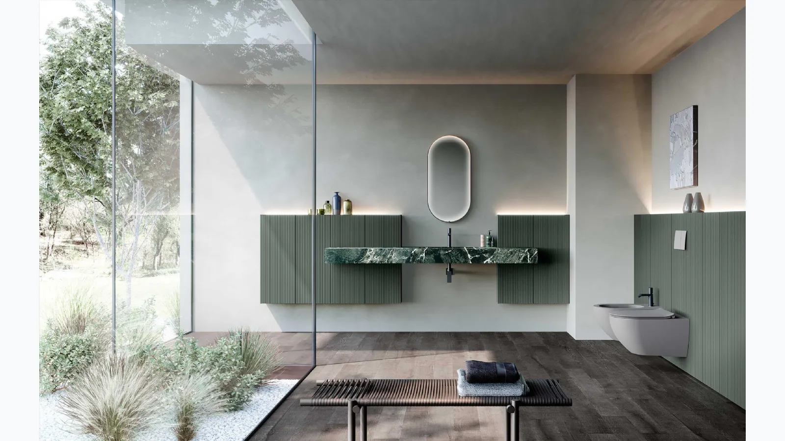 Bathroom cabinet Lime 2-0 224 in lacquered Commodoro Green and Aosta Green Marble Gres by Azzurra.