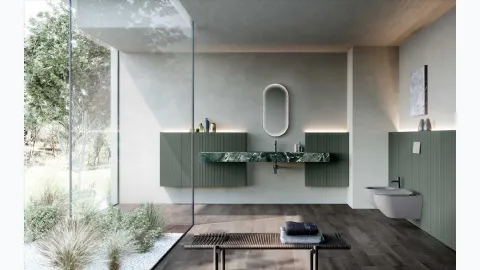 Bathroom cabinet Lime 2-0 224 in lacquered Commodoro Green and Aosta Green Marble Gres by Azzurra.