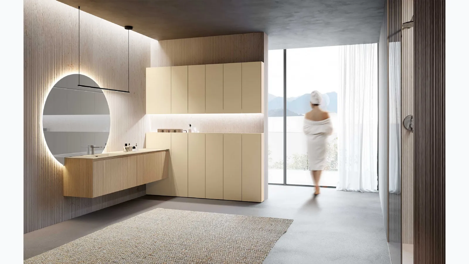 Bathroom furniture Lime 2-0 225 in Decorative 3D Natural Rigatino and matte Canyon lacquer by Azzurra.