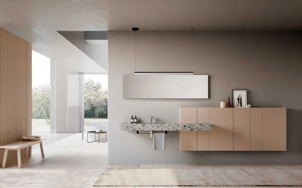 Bathroom cabinet Lime 3-0 302 in retro pink lacquer and HPL Unicolor Cepp Stone by Azzurra.