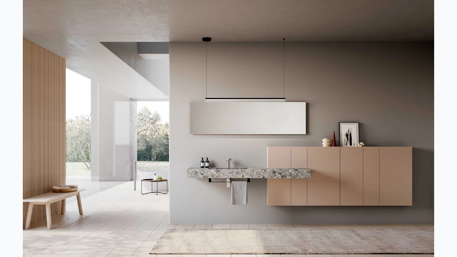 Bathroom cabinet Lime 3-0 302 in retro pink lacquer and HPL Unicolor Cepp Stone by Azzurra.