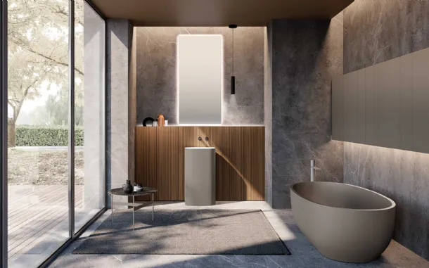 Bathroom cabinet M2 System 232 in Eucalyptus veneered wood and Baxar lacquered sink.