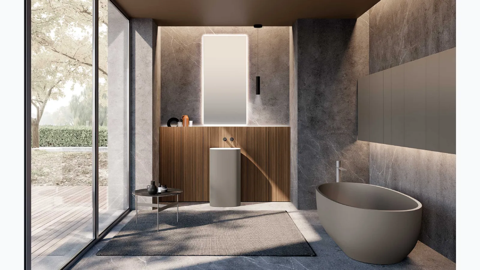 Bathroom cabinet M2 System 232 in Eucalyptus veneered wood and Baxar lacquered sink.