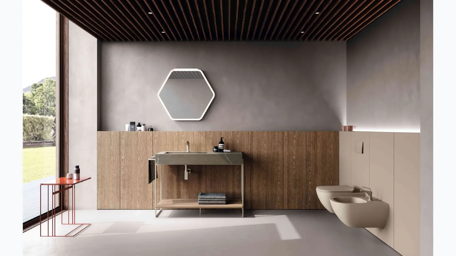 Bathroom cabinet M2 System 241 in oatmeal oak and Baxar stoneware.