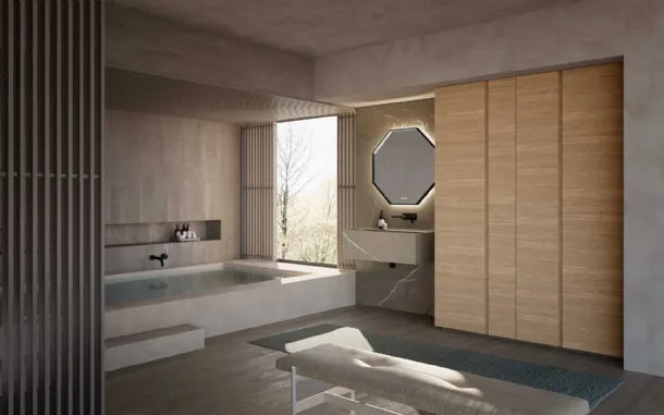Bathroom furniture M3 System 308 in Piasentina stone stoneware and Baxar wood