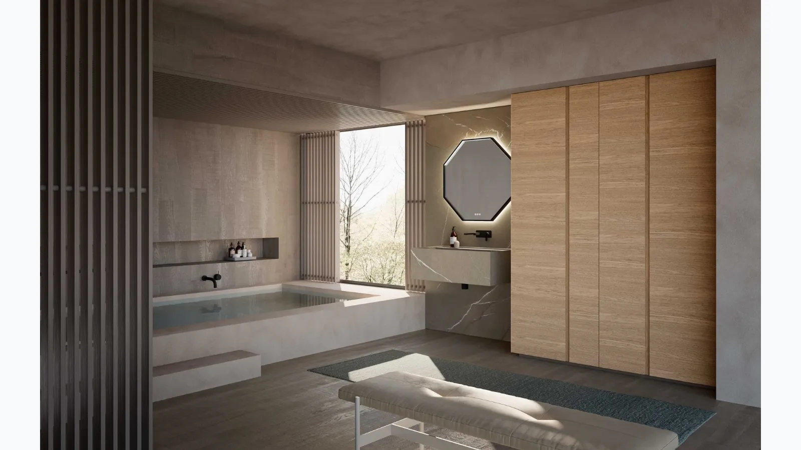 Bathroom furniture M3 System 308 in Piasentina stone stoneware and Baxar wood