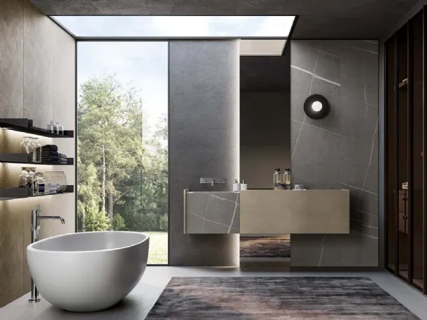 Suspended bathroom cabinet in metallic nickel lacquer and grey Major 05 gres Senda by Birex.