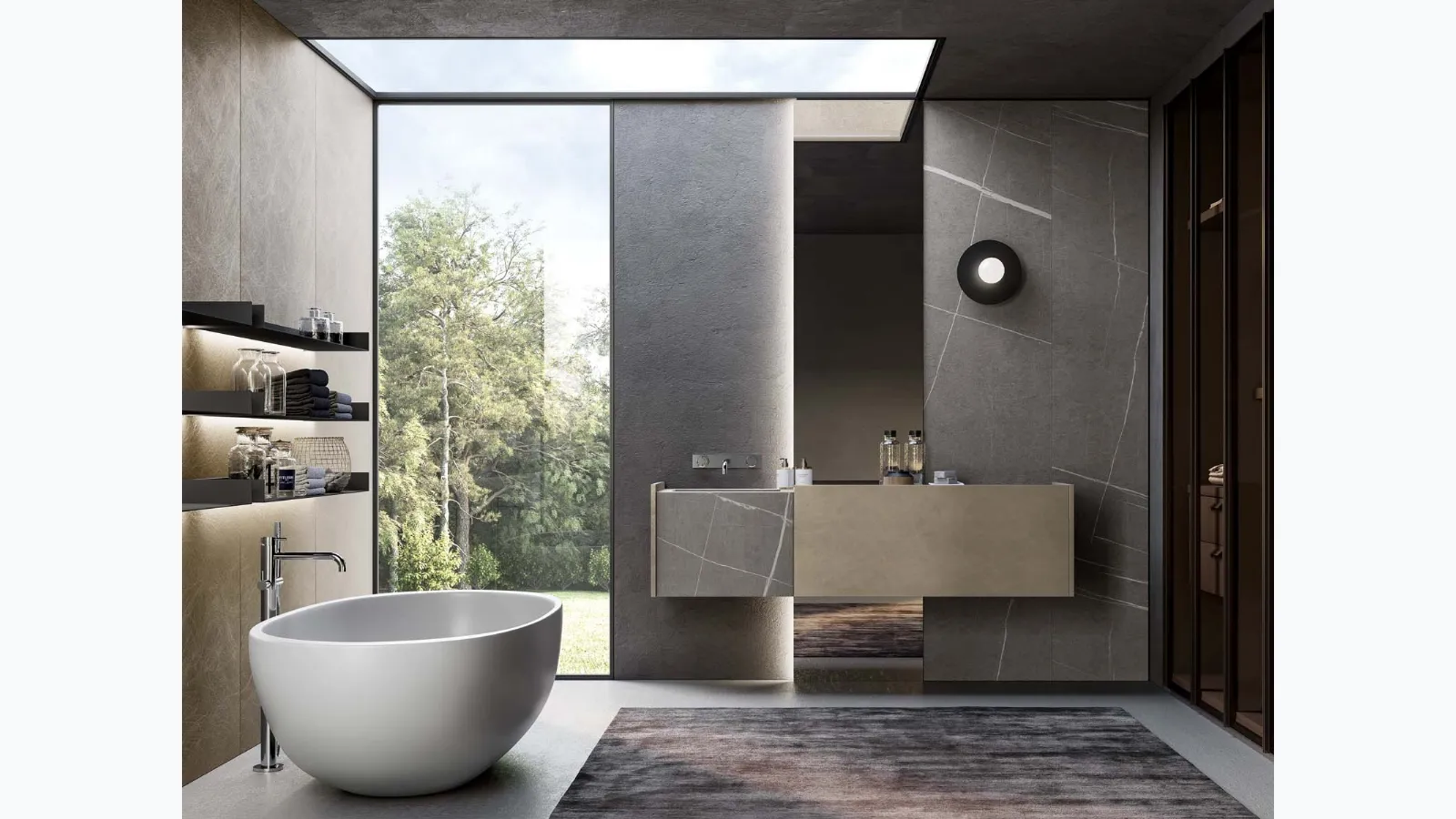 Suspended bathroom cabinet in metallic nickel lacquer and grey Major 05 gres Senda by Birex.