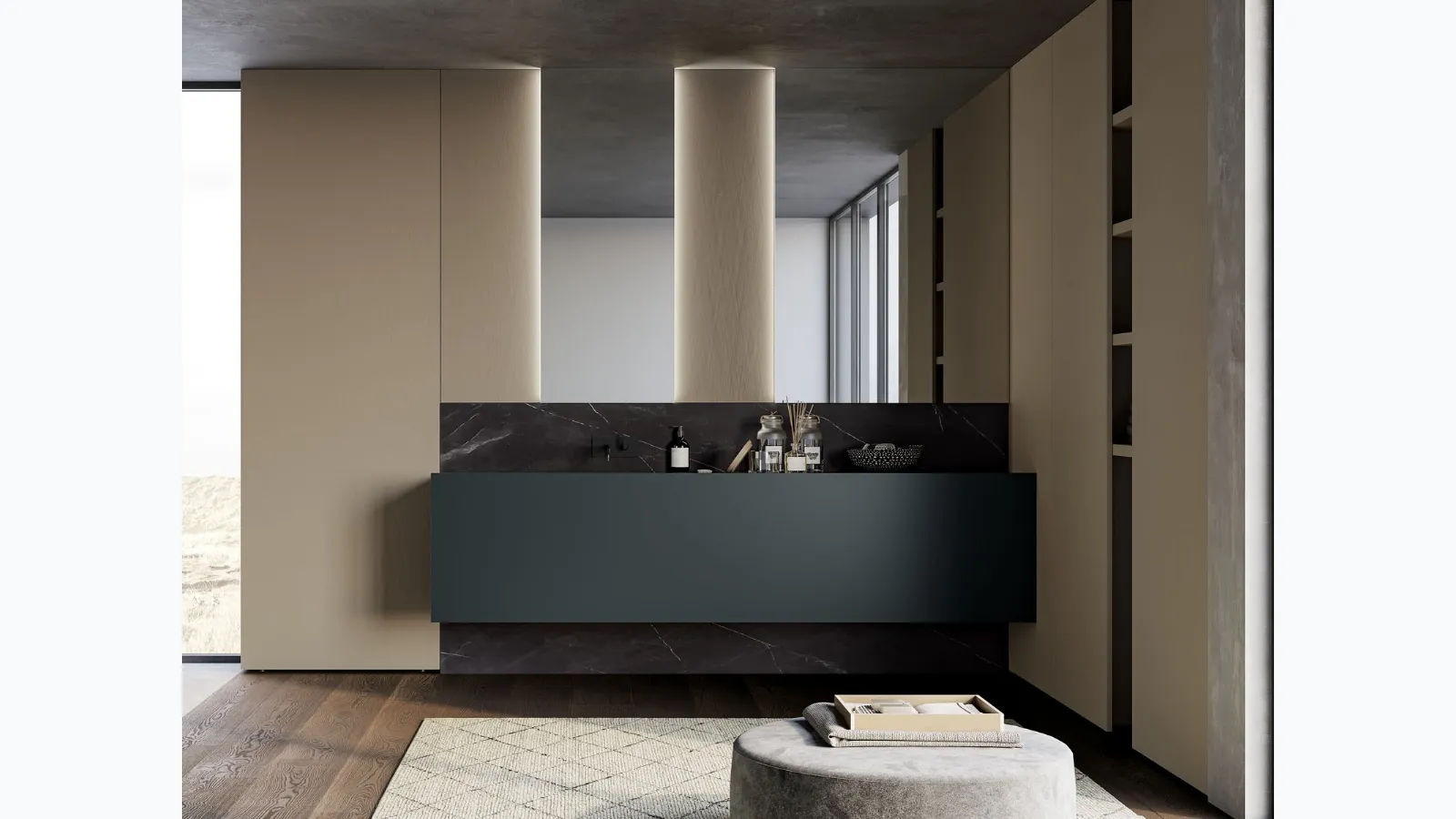 Suspended bathroom cabinet in matte anthracite grey lacquer Sail 02 by Birex.