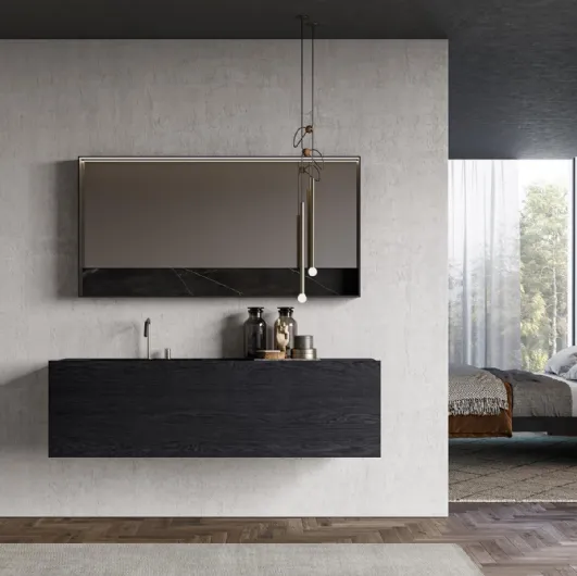 Suspended bathroom vanity unit in charcoal oak essence Sail 04 by Birex.