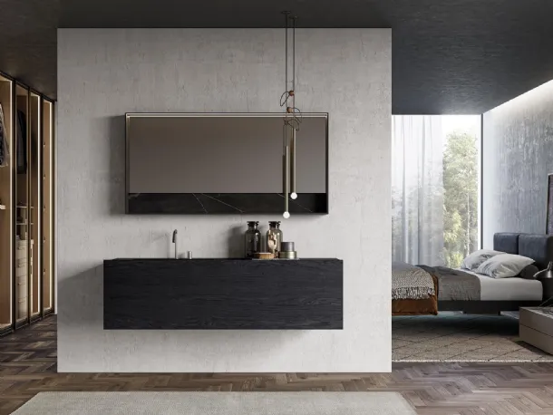 Suspended bathroom vanity unit in charcoal oak essence Sail 04 by Birex.