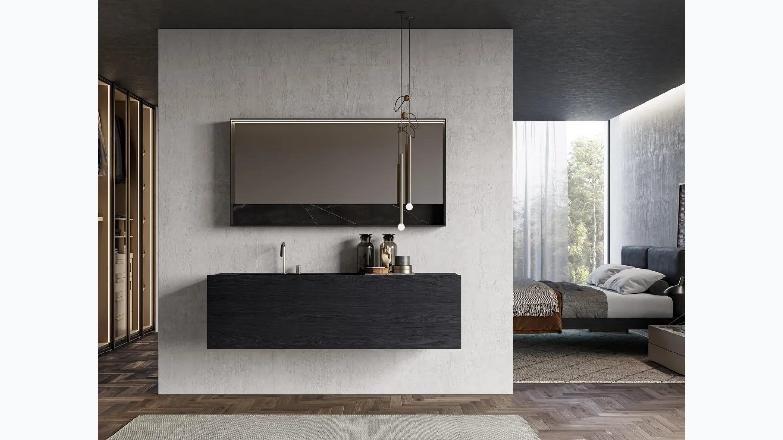 Suspended bathroom vanity unit in charcoal oak essence Sail 04 by Birex.