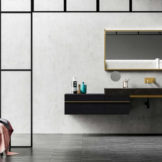Bathroom furniture Sidéro 03 in charcoal oak essence and antique brass metal by Birex.