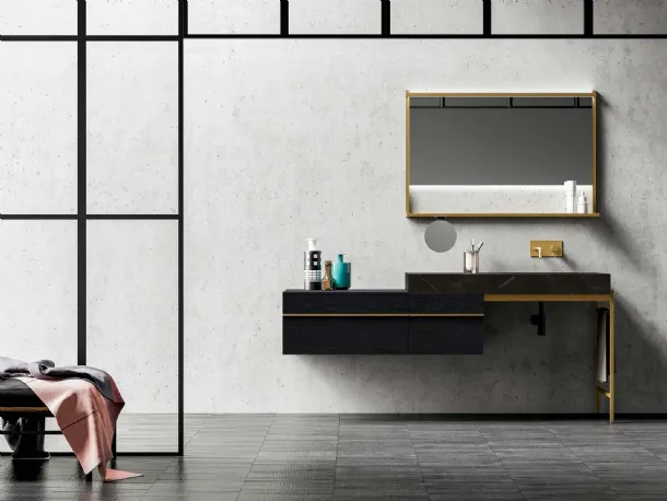 Bathroom furniture Sidéro 03 in charcoal oak essence and antique brass metal by Birex.