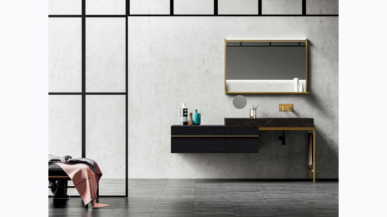 Bathroom furniture Sidéro 03 in charcoal oak essence and antique brass metal by Birex.