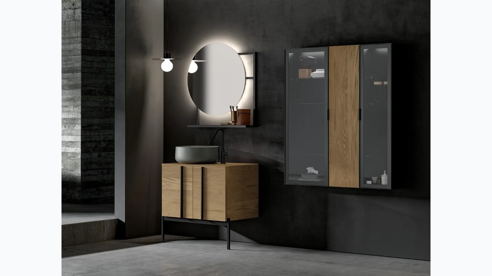 Floor-standing bathroom unit Sidéro 05 in natural oak essence by Birex.