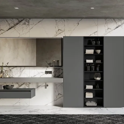 Suspended bathroom cabinet in lead-mica matte lacquered finish Traccia 02 by Birex.
