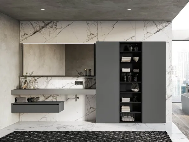 Suspended bathroom cabinet in lead-mica matte lacquered finish Traccia 02 by Birex.