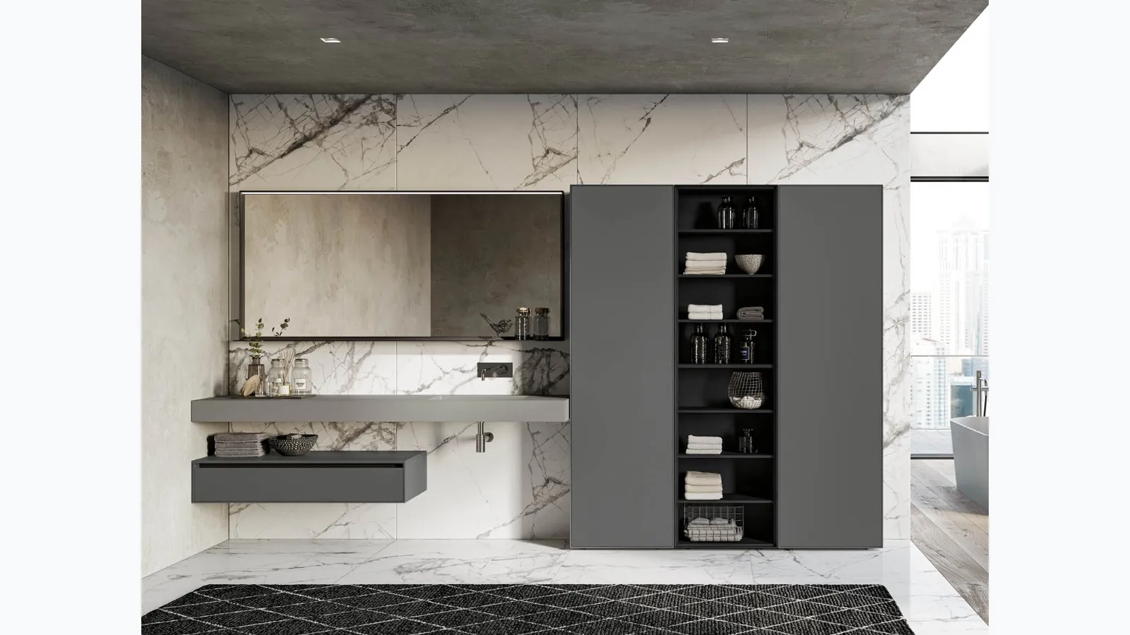 Suspended bathroom cabinet in lead-mica matte lacquered finish Traccia 02 by Birex.