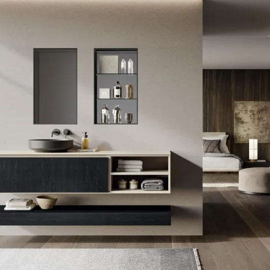 Suspended Bathroom cabinet in charcoal oak essence and matte taupe lacquer, Traccia 03 by Birex.