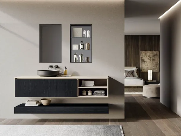 Suspended Bathroom cabinet in charcoal oak essence and matte taupe lacquer, Traccia 03 by Birex.
