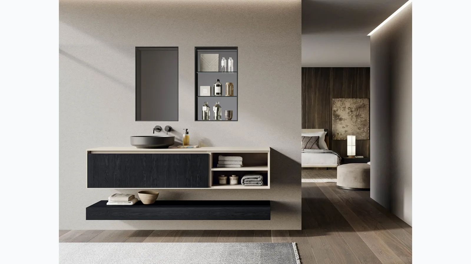 Suspended Bathroom cabinet in charcoal oak essence and matte taupe lacquer, Traccia 03 by Birex.