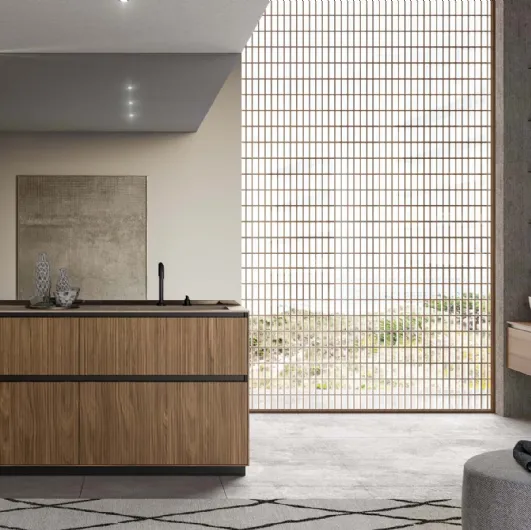 Floor-standing bathroom unit in walnut Canaletto cane with Traccia 05 design by Birex.