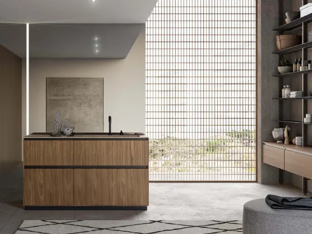 Floor-standing bathroom unit in walnut Canaletto cane with Traccia 05 design by Birex.
