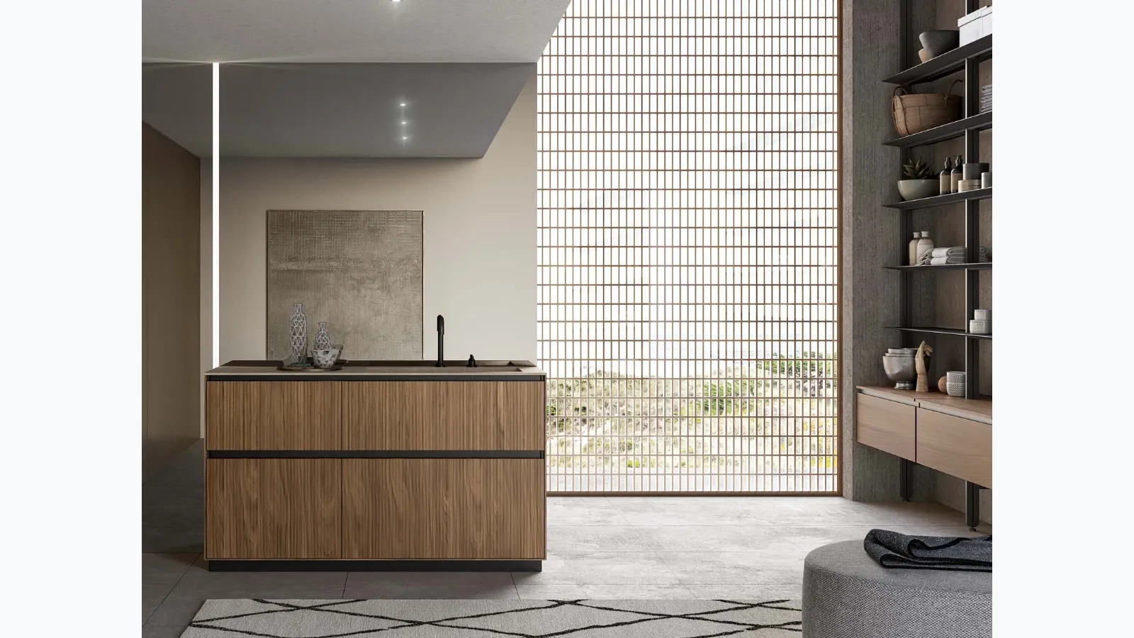 Floor-standing bathroom unit in walnut Canaletto cane with Traccia 05 design by Birex.