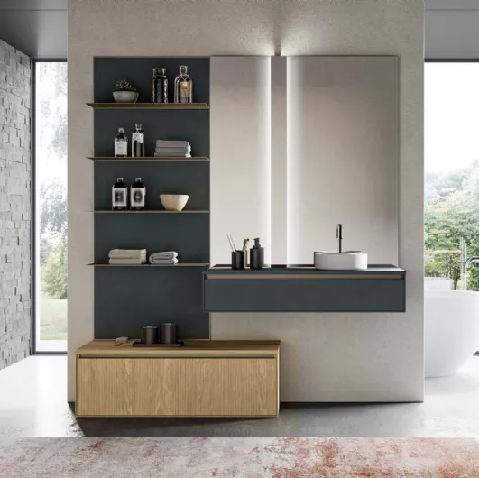 Suspended bathroom cabinet in matte anthracite grey lacquer and canneté natural oak essence. Model Traccia 06 by Birex.