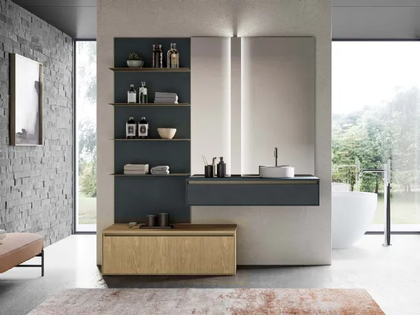 Suspended bathroom cabinet in matte anthracite grey lacquer and canneté natural oak essence. Model Traccia 06 by Birex.