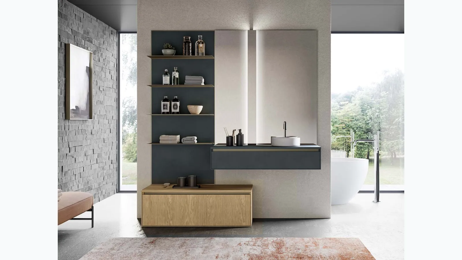 Suspended bathroom cabinet in matte anthracite grey lacquer and canneté natural oak essence. Model Traccia 06 by Birex.