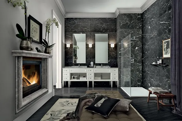 Bathroom Vanity Unit York 01 in White lacquered finish with Carrara marble top by Cerasa.