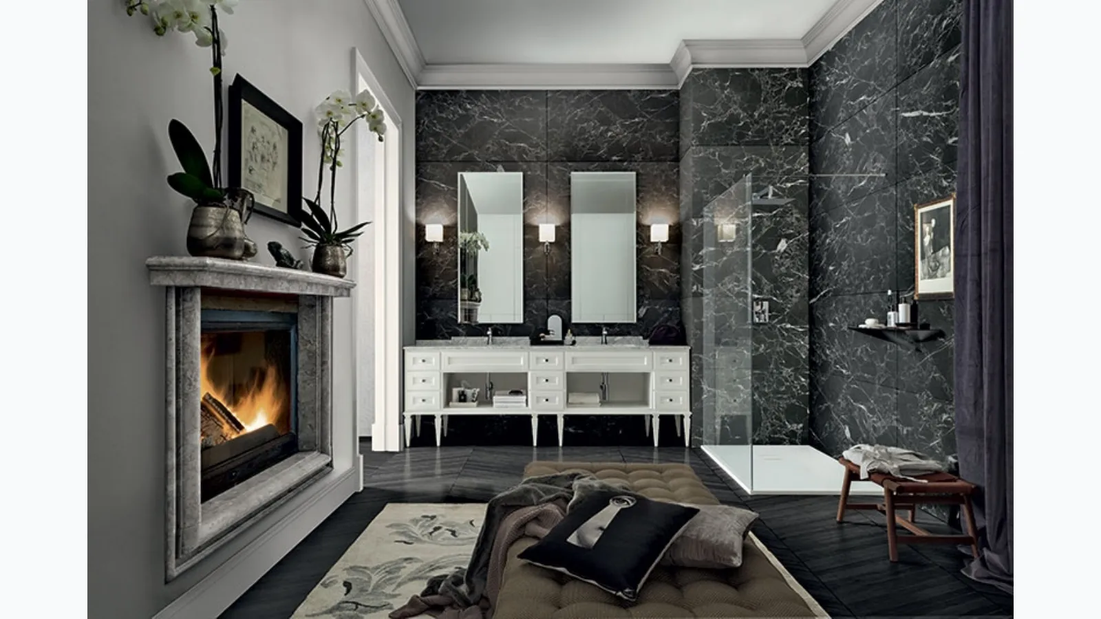 Bathroom Vanity Unit York 01 in White lacquered finish with Carrara marble top by Cerasa.