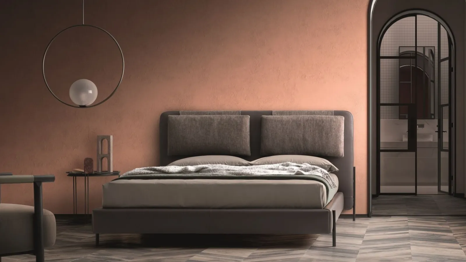 Leather bed with headboard and two Alar fabric cushions by Ditre Italy.
