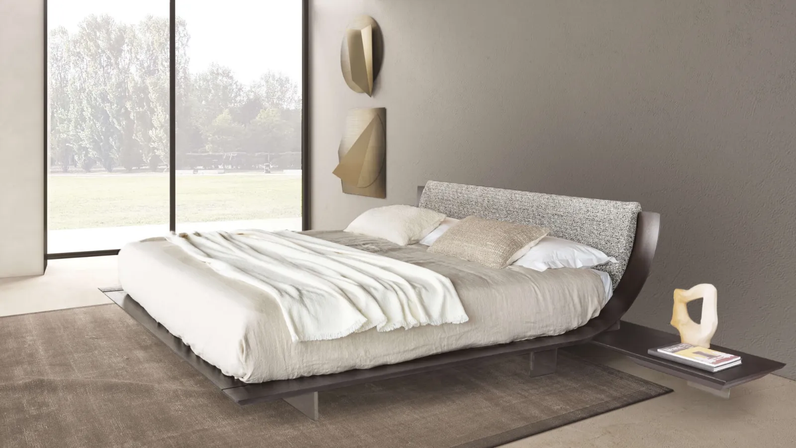 Dark Oak essence upholstered Aqua Bed by Presotto.