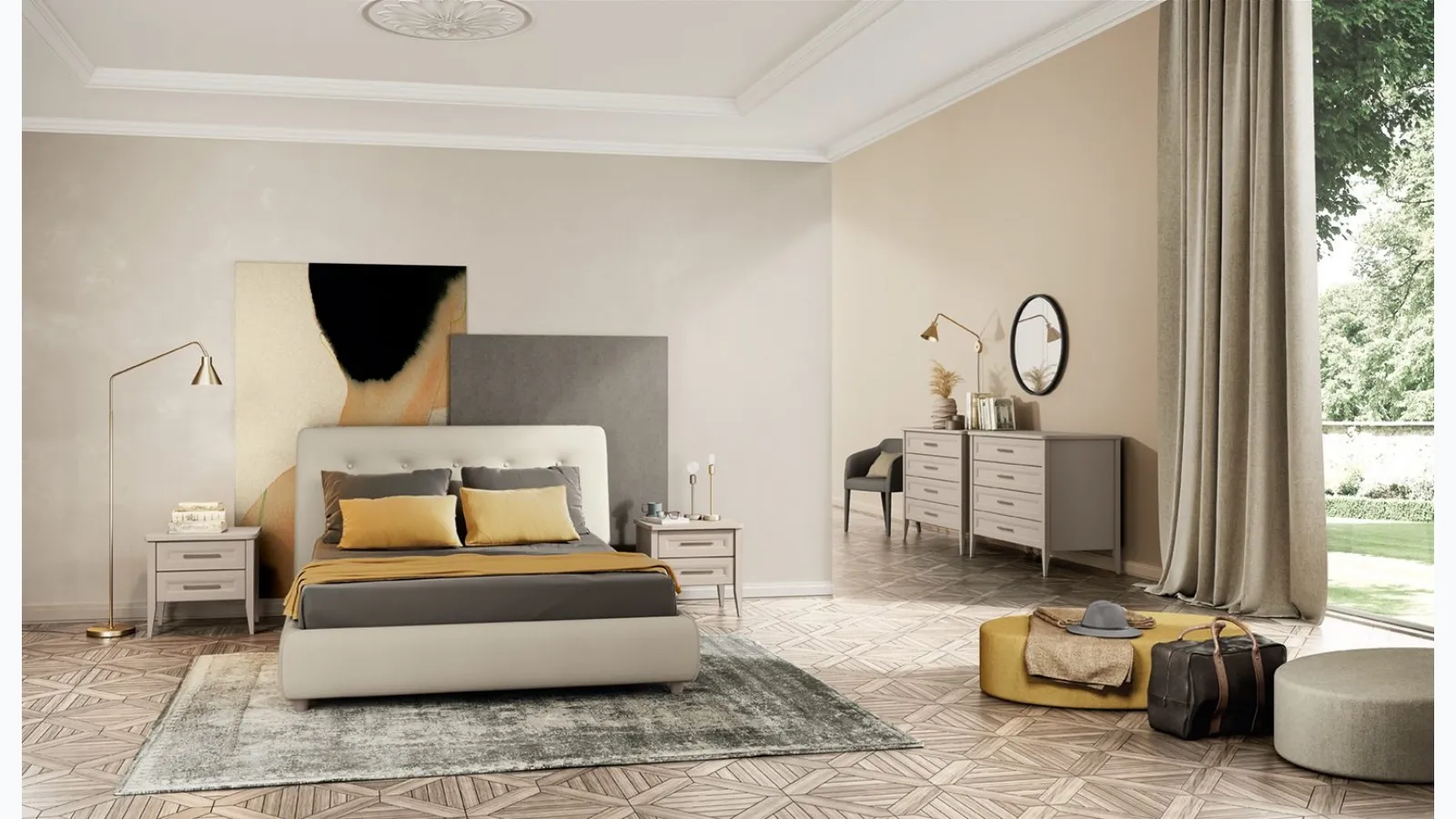 Arcadia Bed Adagio upholstered in fabric by Colombini Casa.