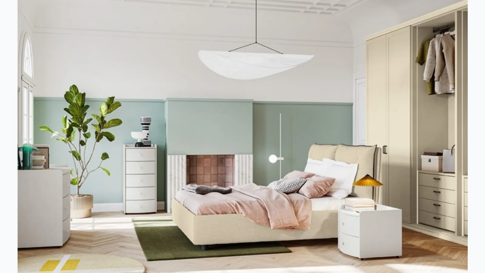 Arcadia Kiss upholstered bed in fabric by Colombini Casa.