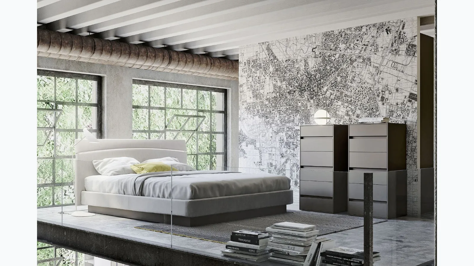 Fabric bed with LED headboard light Aurora by S75.